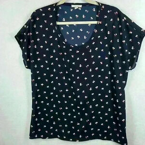 Pleione Women's Blouse Size L Navy w/White, Tan and Pink Geometric Print